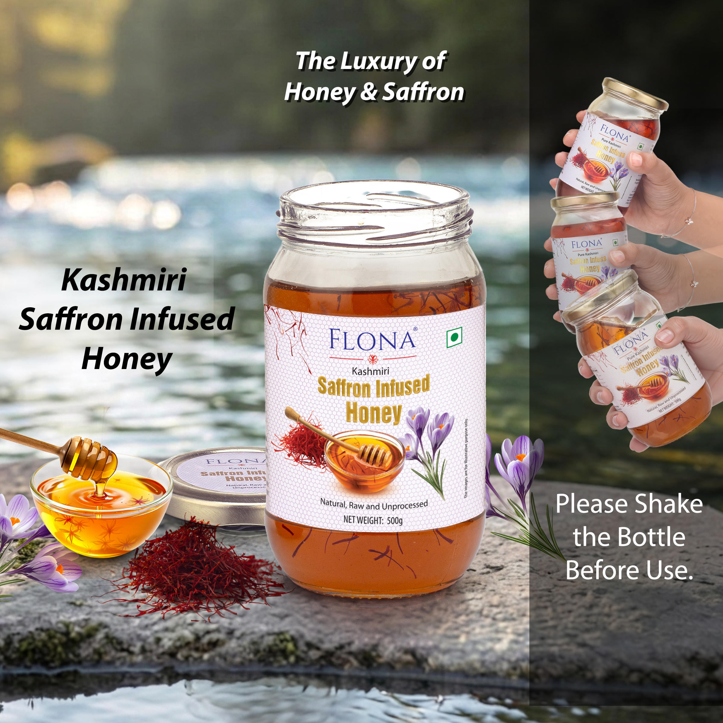 Flona Saffron Infused Honey (500g) Glass Bottle 
