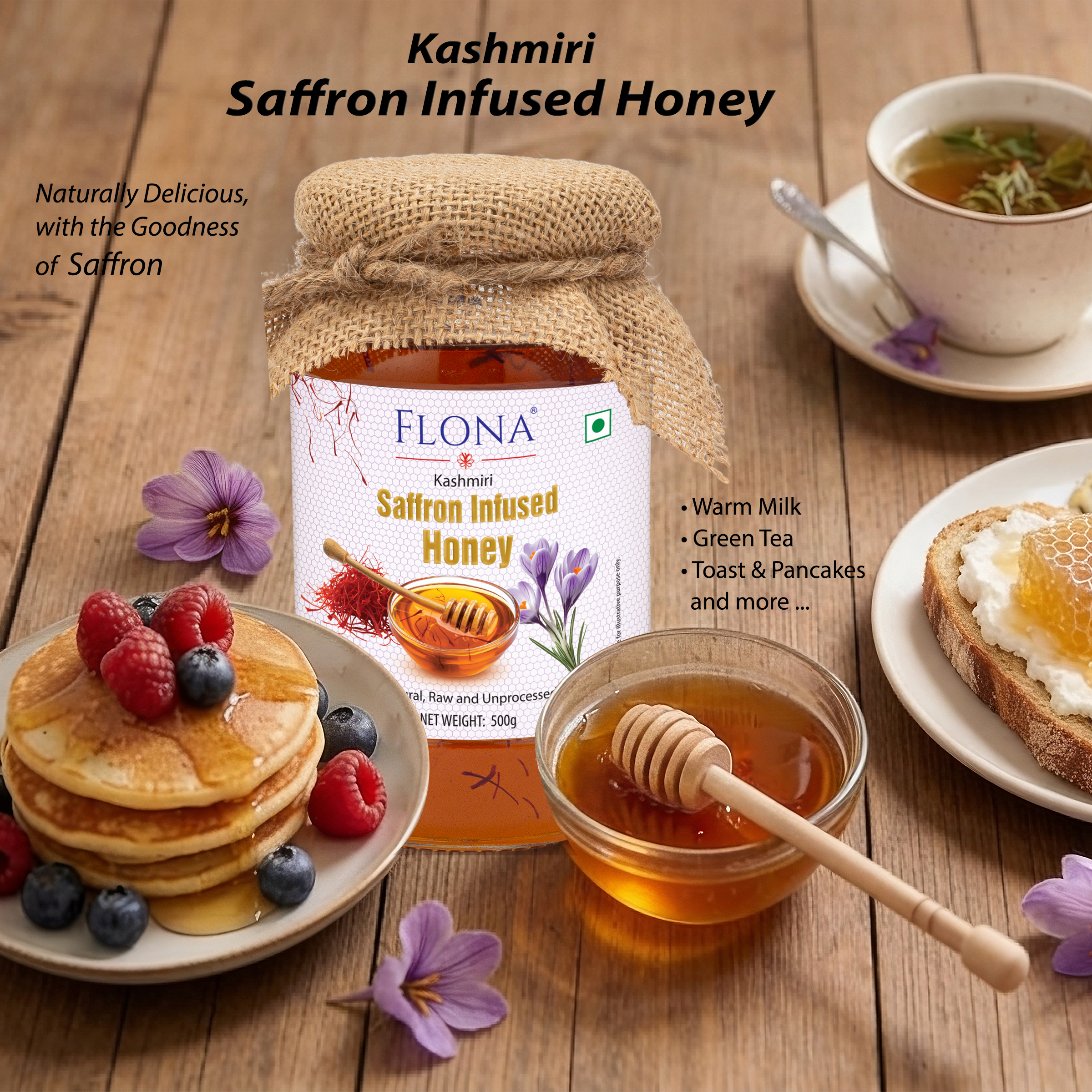 Flona Saffron Infused Honey (500g) Glass Bottle 