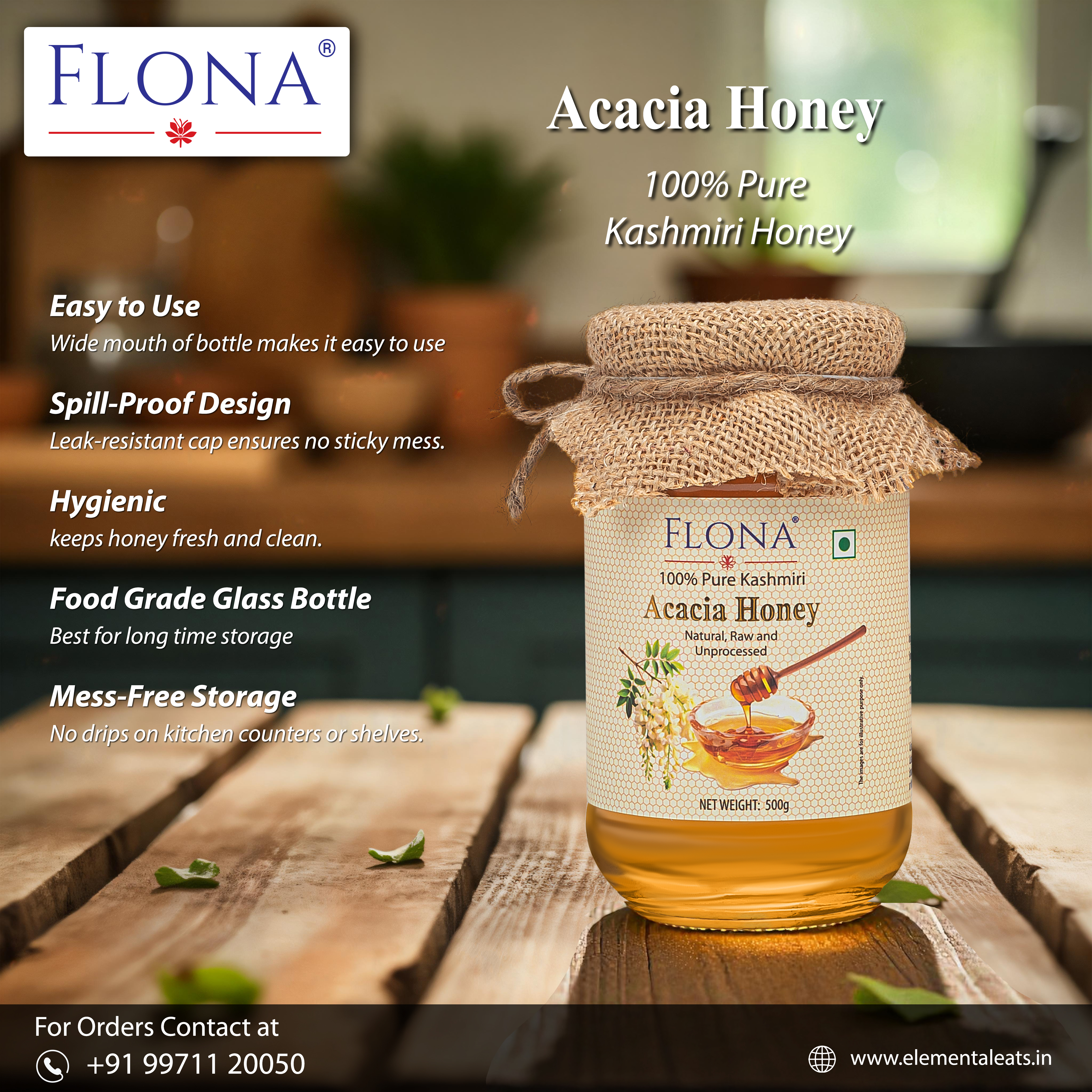 Flona Acacia Honey (500g) | Raw, Mono-Floral, Unfiltered & Unpasteurized | Natural, No Additives | Mild, Easily Digestible | Gift Pack