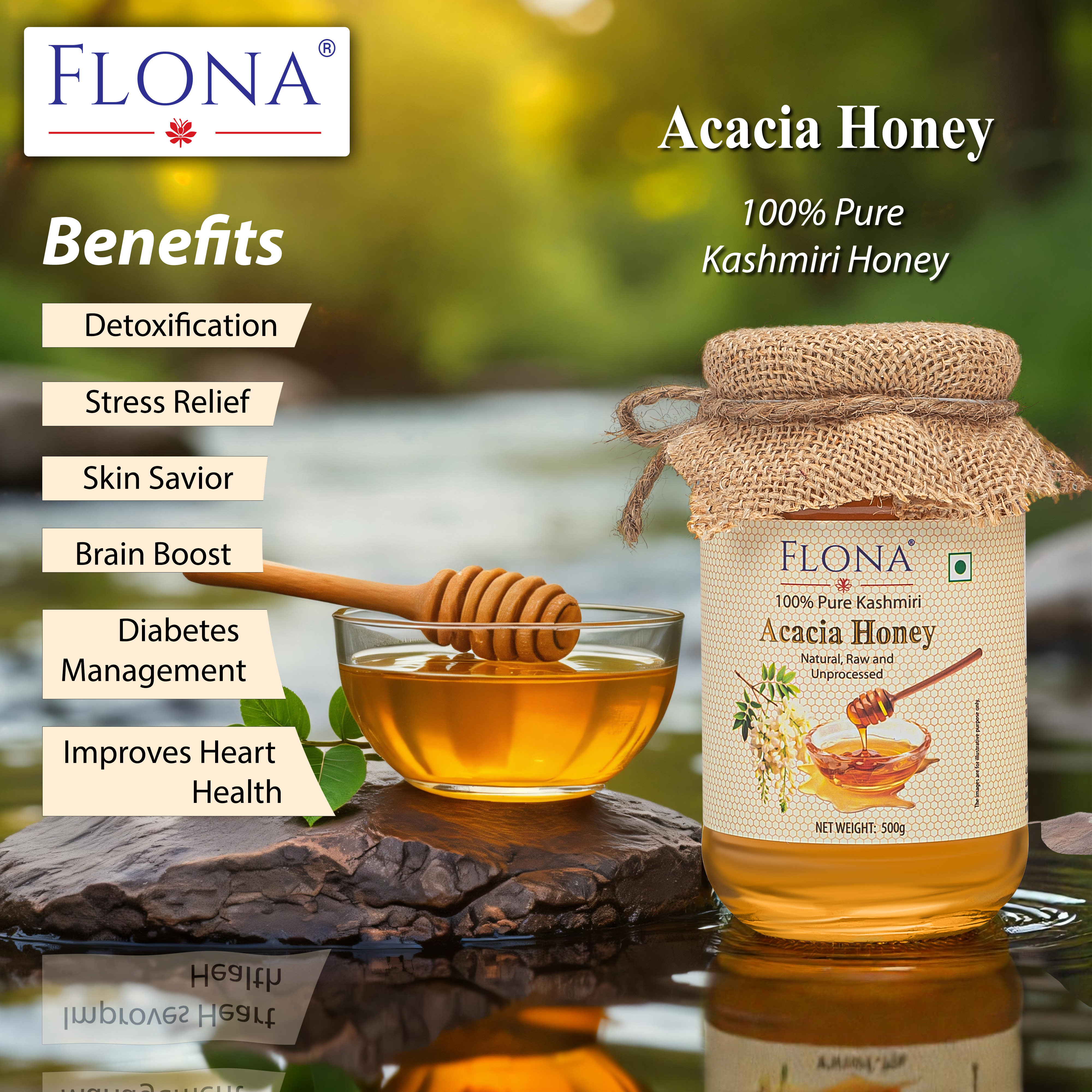 Flona Acacia Honey (500g) | Raw, Mono-Floral, Unfiltered & Unpasteurized | Natural, No Additives | Mild, Easily Digestible | Gift Pack