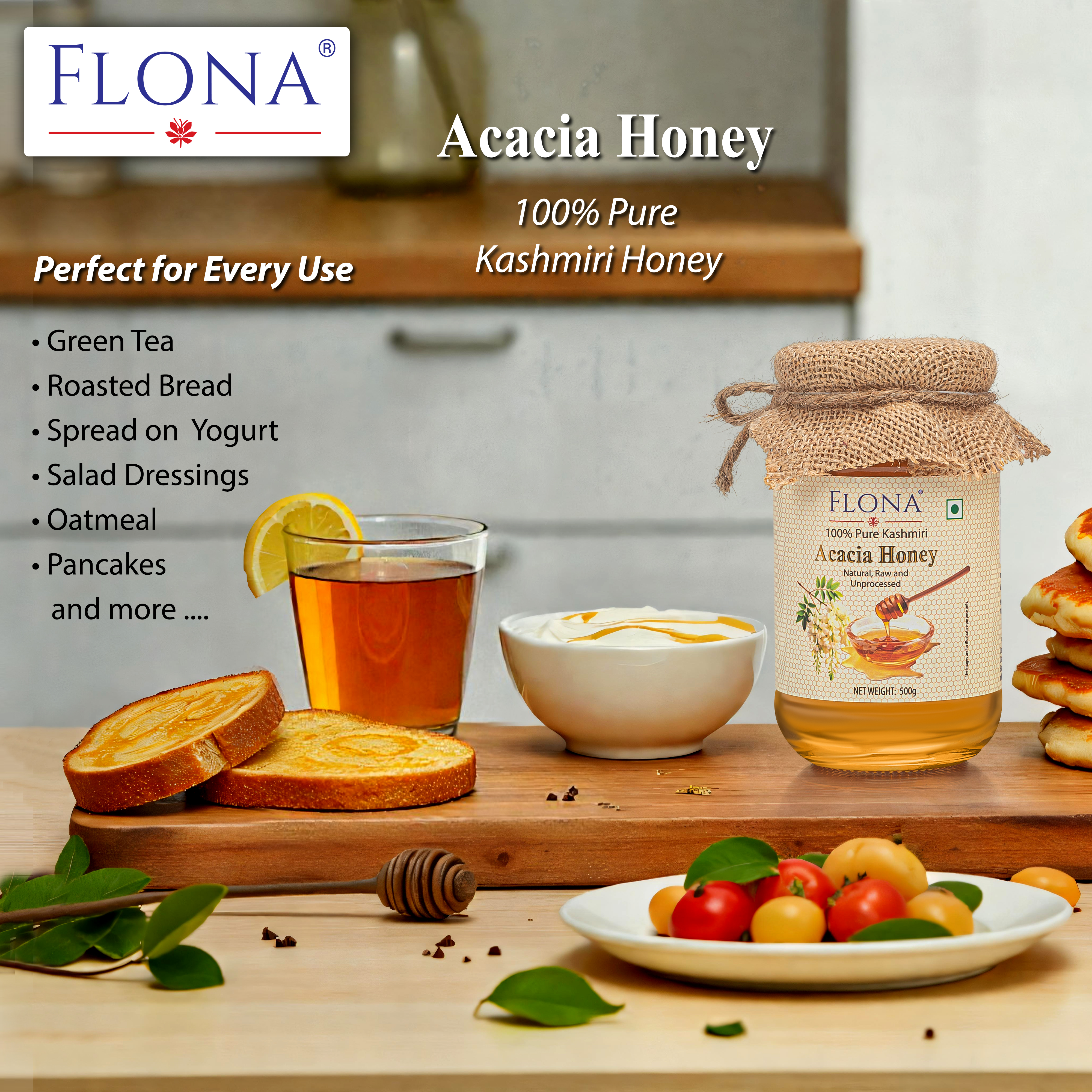 Flona Acacia Honey (500g) | Raw, Mono-Floral, Unfiltered & Unpasteurized | Natural, No Additives | Mild, Easily Digestible | Gift Pack
